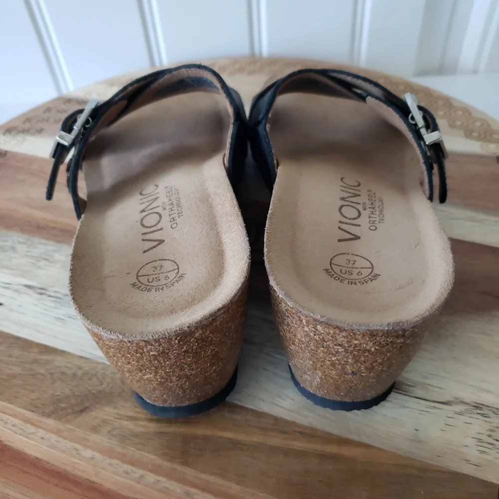 Vionic Danette Wedge Sandals Black Cork Soles - Picture 4 of 5